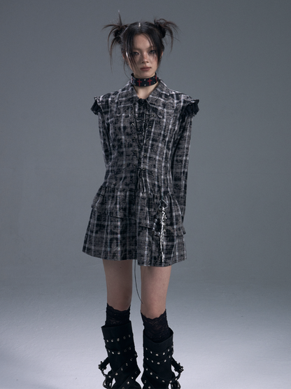 Black & white Checked Lace-Up Irregular Mini Shirt Dress【s0000011886】