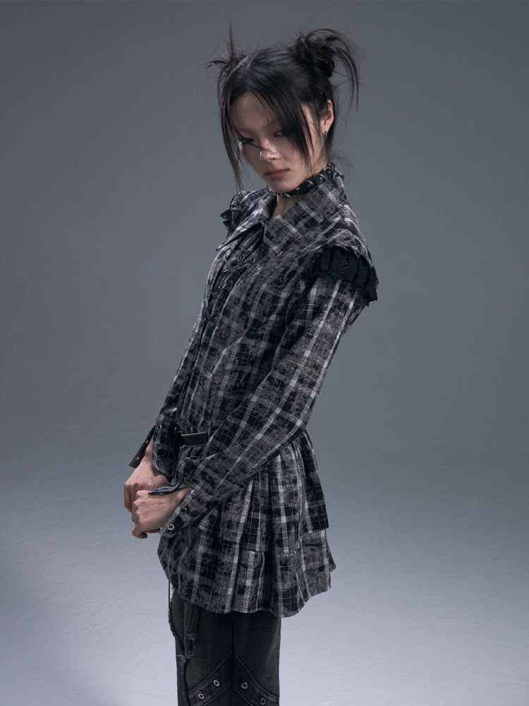 Black & white Checked Lace-Up Irregular Mini Shirt Dress【s0000011886】