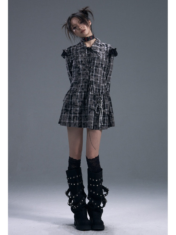 Black & white Checked Lace-Up Irregular Mini Shirt Dress【s0000011886】