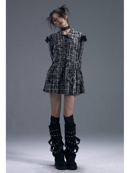 Black & white Checked Lace-Up Irregular Mini Shirt Dress【s0000011886】