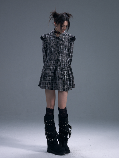 Black & white Checked Lace-Up Irregular Mini Shirt Dress【s0000011886】