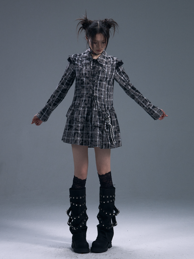 Black & white Checked Lace-Up Irregular Mini Shirt Dress【s0000011886】
