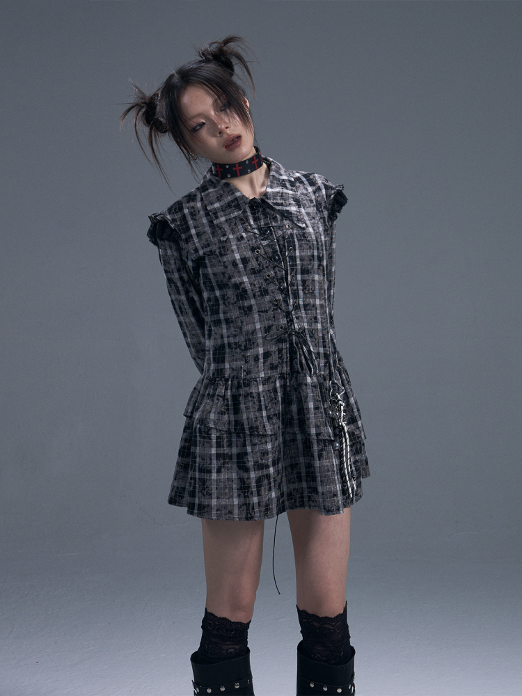 Black & white Checked Lace-Up Irregular Mini Shirt Dress【s0000011886】