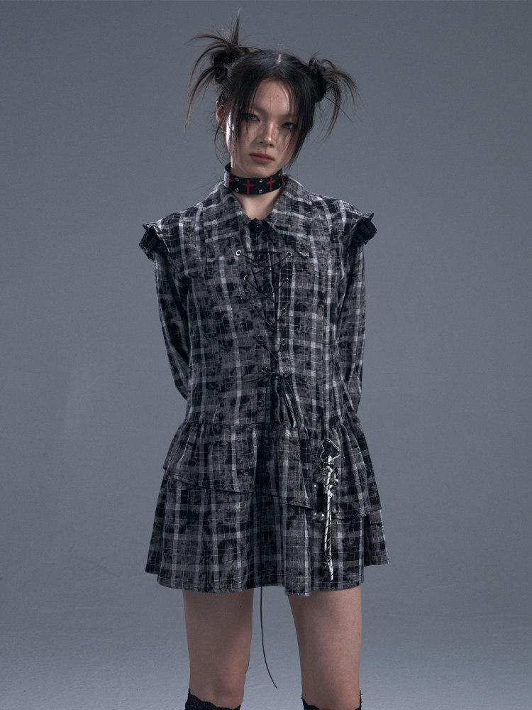 Black & white Checked Lace-Up Irregular Mini Shirt Dress【s0000011886】