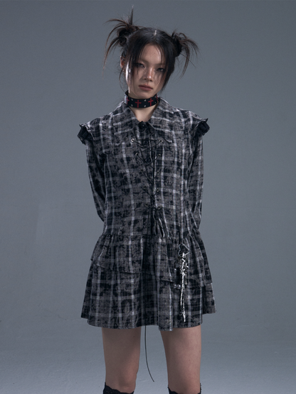 Black & white Checked Lace-Up Irregular Mini Shirt Dress【s0000011886】