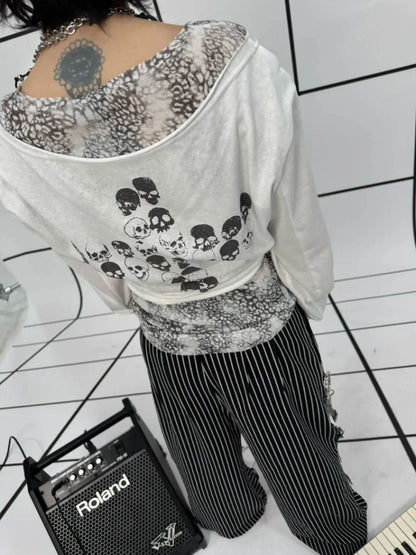 Lace-Up Leopard Print Faux Layered Bell Sleeve Skull Cross Back Print Tops【s0000011887】