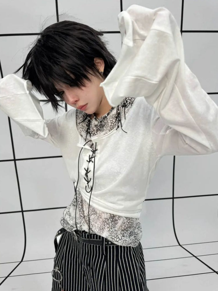 Lace-Up Leopard Print Faux Layered Bell Sleeve Skull Cross Back Print Tops【s0000011887】