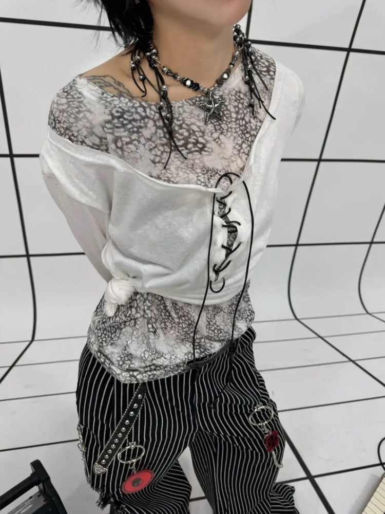 Lace-Up Leopard Print Faux Layered Bell Sleeve Skull Cross Back Print Tops【s0000011887】