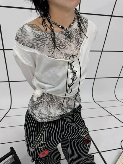 Lace-Up Leopard Print Faux Layered Bell Sleeve Skull Cross Back Print Tops【s0000011887】