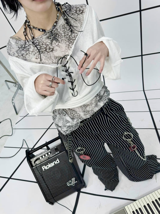 Lace-Up Leopard Print Faux Layered Bell Sleeve Skull Cross Back Print Tops【s0000011887】