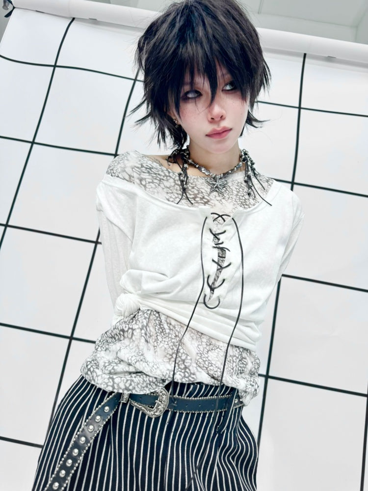 Lace-Up Leopard Print Faux Layered Bell Sleeve Skull Cross Back Print Tops【s0000011887】