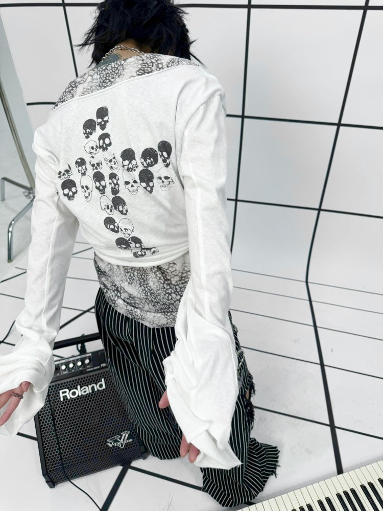 Lace-Up Leopard Print Faux Layered Bell Sleeve Skull Cross Back Print Tops【s0000011887】