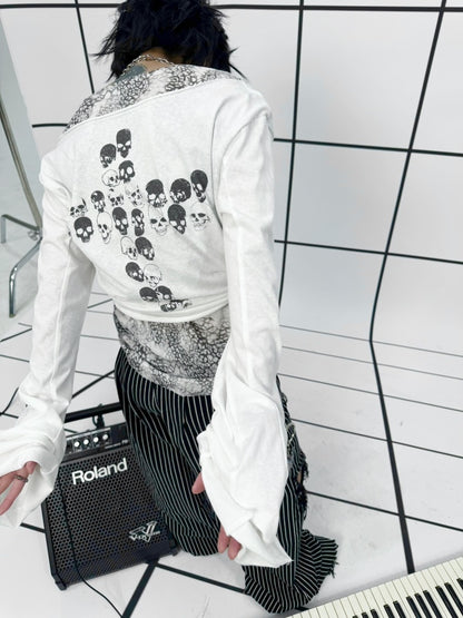 Lace-Up Leopard Print Faux Layered Bell Sleeve Skull Cross Back Print Tops【s0000011887】