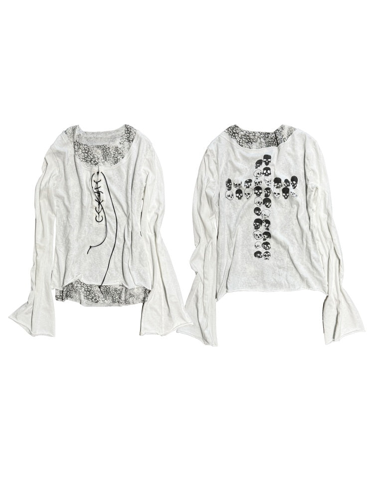Lace-Up Leopard Print Faux Layered Bell Sleeve Skull Cross Back Print Tops【s0000011887】