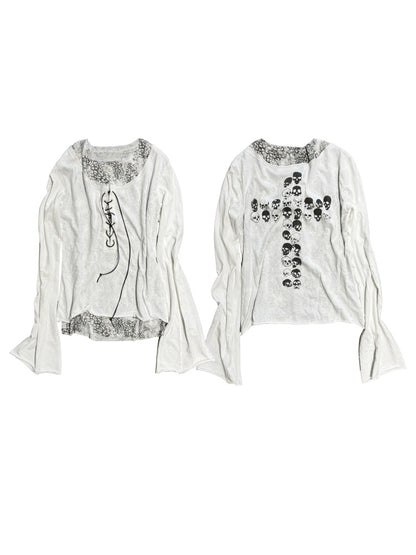 Lace-Up Leopard Print Faux Layered Bell Sleeve Skull Cross Back Print Tops【s0000011887】