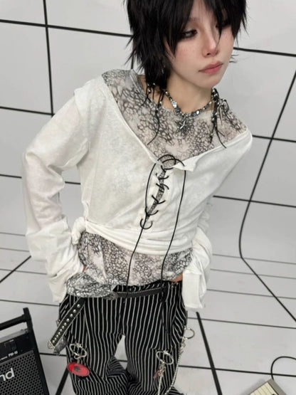Lace-Up Leopard Print Faux Layered Bell Sleeve Skull Cross Back Print Tops【s0000011887】