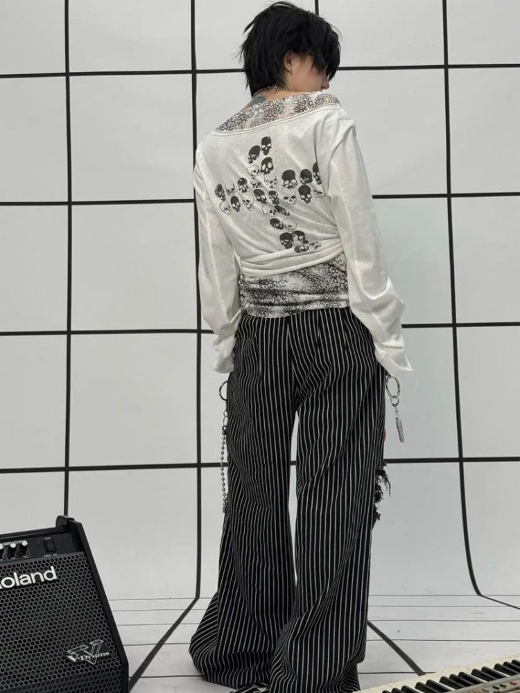 Lace-Up Leopard Print Faux Layered Bell Sleeve Skull Cross Back Print Tops【s0000011887】