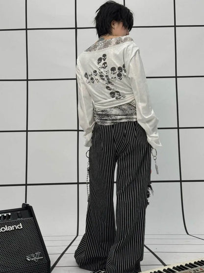 Lace-Up Leopard Print Faux Layered Bell Sleeve Skull Cross Back Print Tops【s0000011887】
