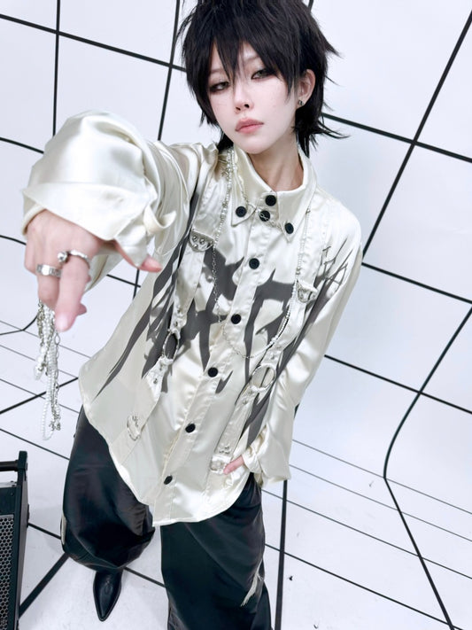 Drop Sleeve Ribbon Metal Rivet Graffiti Print Shirt【s0000011888】