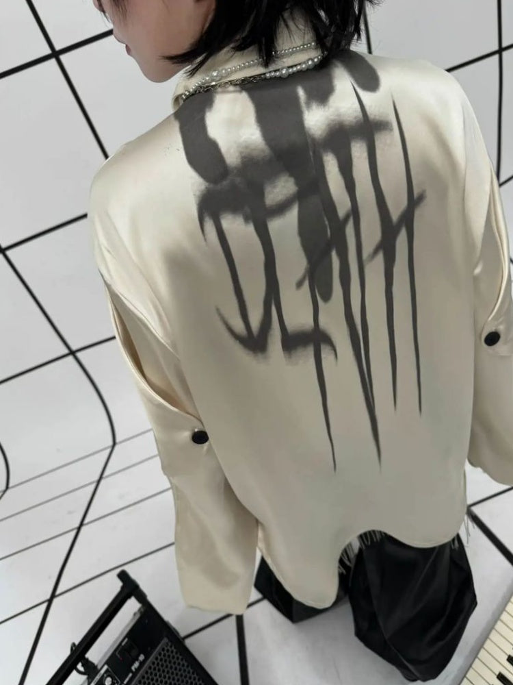 Drop Sleeve Ribbon Metal Rivet Graffiti Print Shirt【s0000011888】