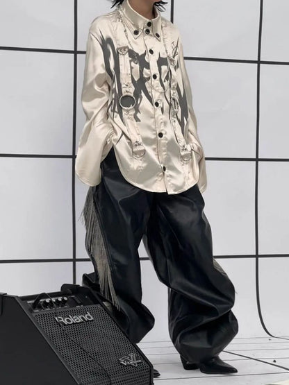 Drop Sleeve Ribbon Metal Rivet Graffiti Print Shirt【s0000011888】