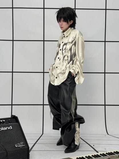Drop Sleeve Ribbon Metal Rivet Graffiti Print Shirt【s0000011888】