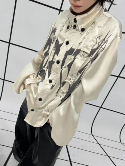 Drop Sleeve Ribbon Metal Rivet Graffiti Print Shirt【s0000011888】