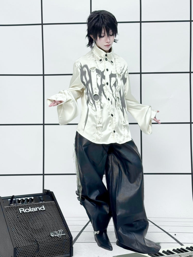 Drop Sleeve Ribbon Metal Rivet Graffiti Print Shirt【s0000011888】