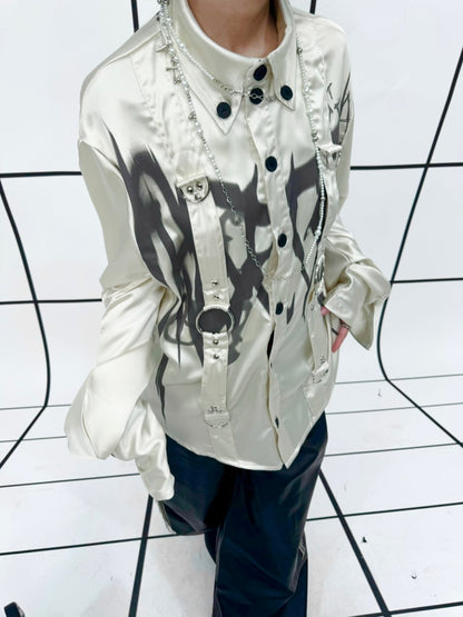 Drop Sleeve Ribbon Metal Rivet Graffiti Print Shirt【s0000011888】