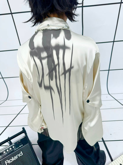 Drop Sleeve Ribbon Metal Rivet Graffiti Print Shirt【s0000011888】