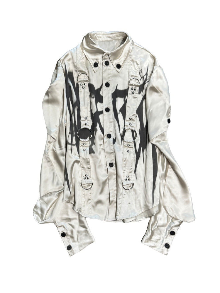 Drop Sleeve Ribbon Metal Rivet Graffiti Print Shirt【s0000011888】