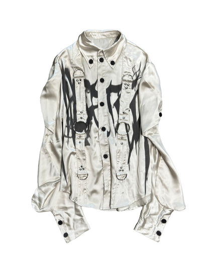 Drop Sleeve Ribbon Metal Rivet Graffiti Print Shirt【s0000011888】