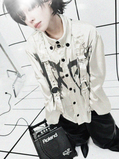 Drop Sleeve Ribbon Metal Rivet Graffiti Print Shirt【s0000011888】
