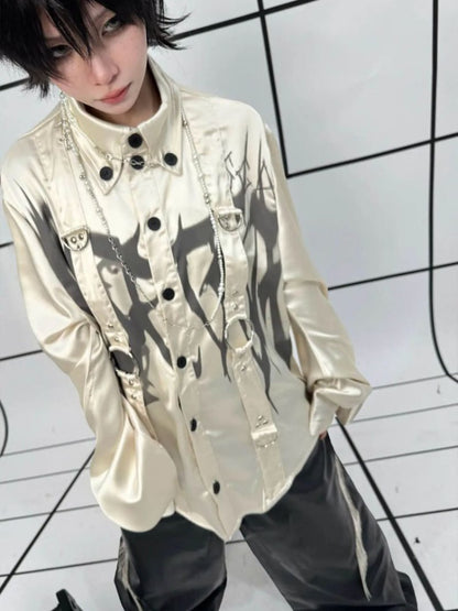 Drop Sleeve Ribbon Metal Rivet Graffiti Print Shirt【s0000011888】