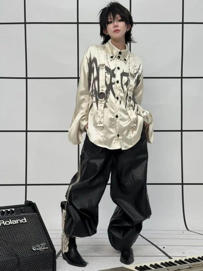 Drop Sleeve Ribbon Metal Rivet Graffiti Print Shirt【s0000011888】