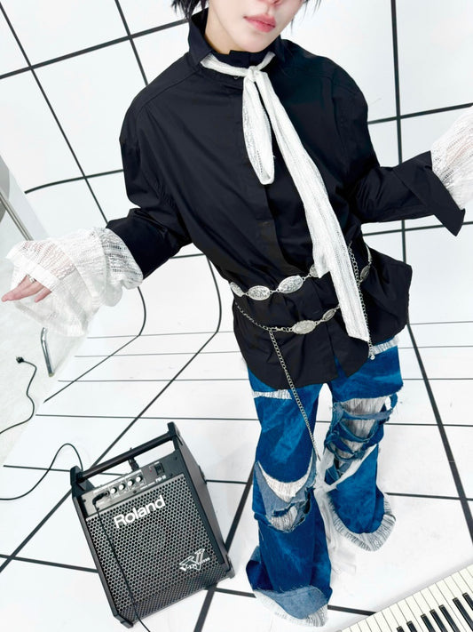 Faux Layered Lace Bows Back Graphic Print Tops【s0000011889】