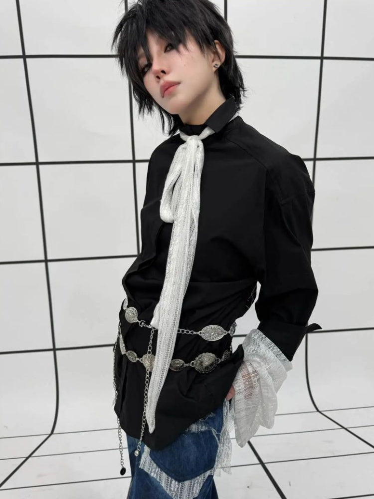 Faux Layered Lace Bows Back Graphic Print Tops【s0000011889】