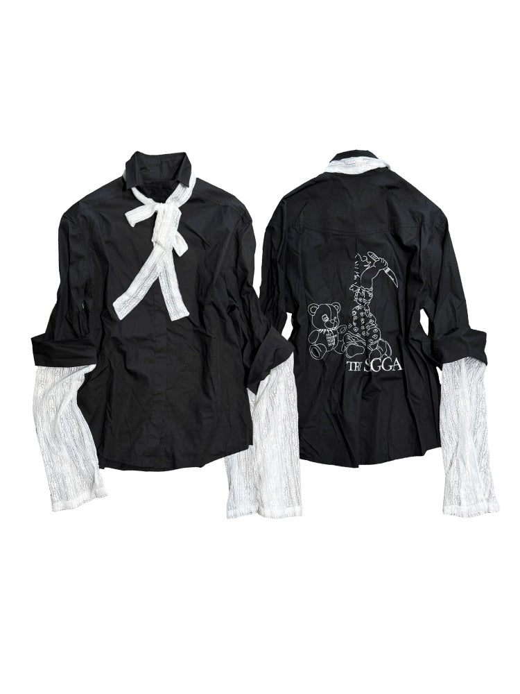 Faux Layered Lace Bows Back Graphic Print Tops【s0000011889】