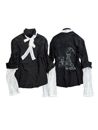 Faux Layered Lace Bows Back Graphic Print Tops【s0000011889】