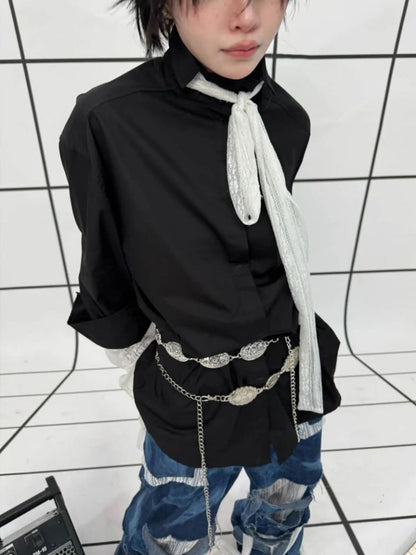 Faux Layered Lace Bows Back Graphic Print Tops【s0000011889】