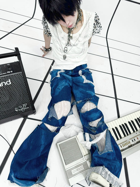 Remake Style Damage Wide Leg Patchwork Denim Pants【s0000011890】