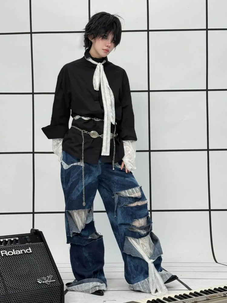 Remake Style Damage Wide Leg Patchwork Denim Pants【s0000011890】