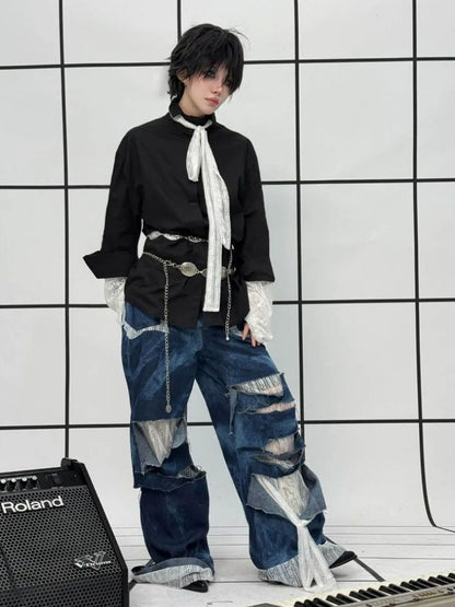 Remake Style Damage Wide Leg Patchwork Denim Pants【s0000011890】