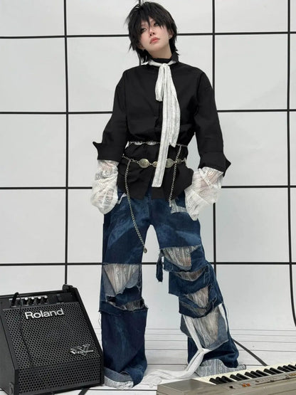 Remake Style Damage Wide Leg Patchwork Denim Pants【s0000011890】
