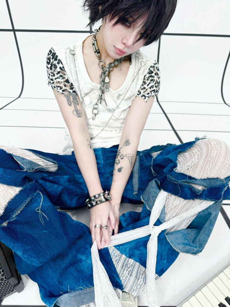 Remake Style Damage Wide Leg Patchwork Denim Pants【s0000011890】