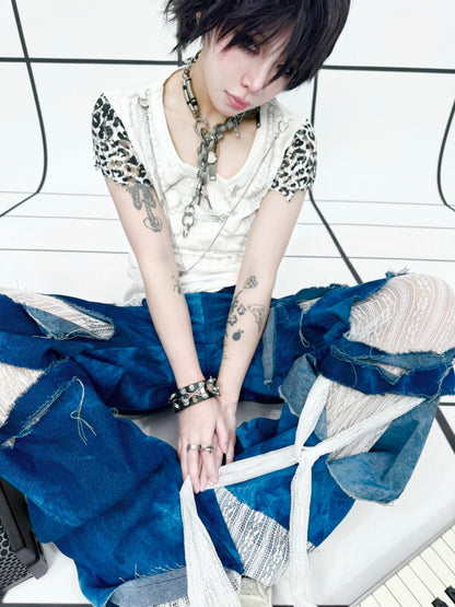 Remake Style Damage Wide Leg Patchwork Denim Pants【s0000011890】
