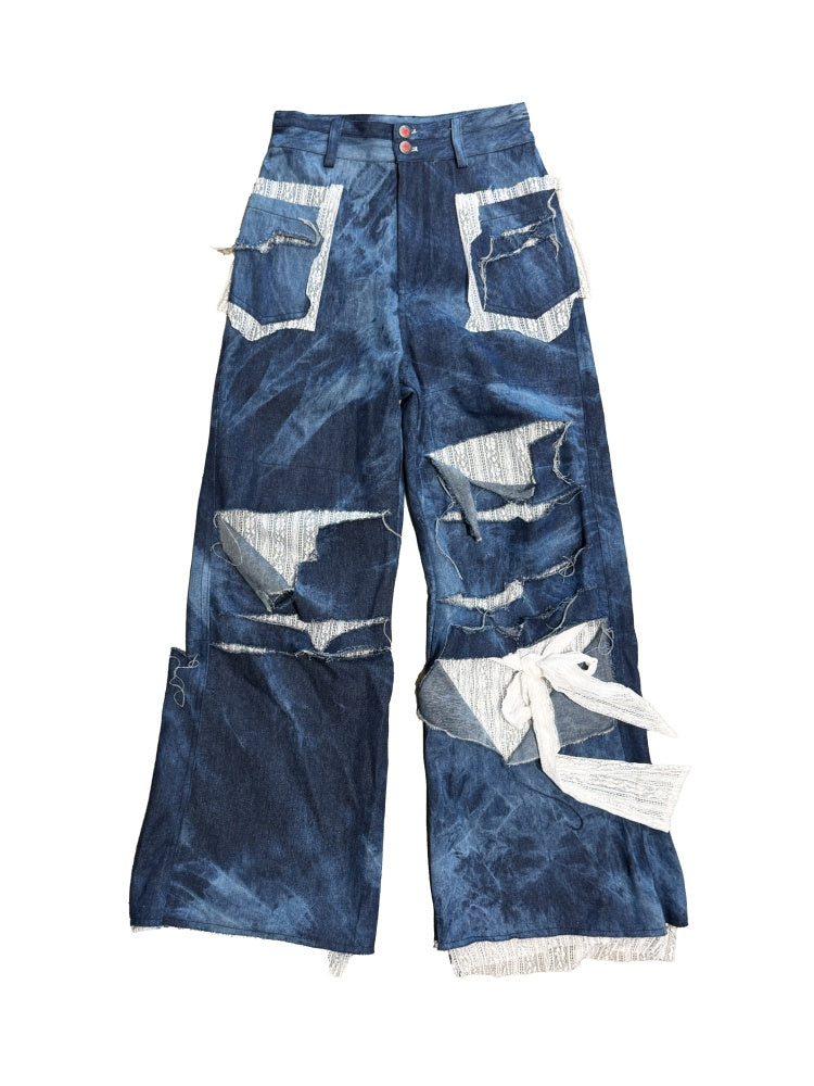 Remake Style Damage Wide Leg Patchwork Denim Pants【s0000011890】