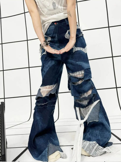 Remake Style Damage Wide Leg Patchwork Denim Pants【s0000011890】