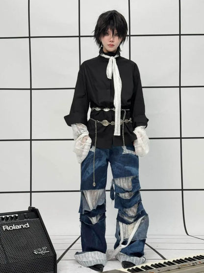 Remake Style Damage Wide Leg Patchwork Denim Pants【s0000011890】