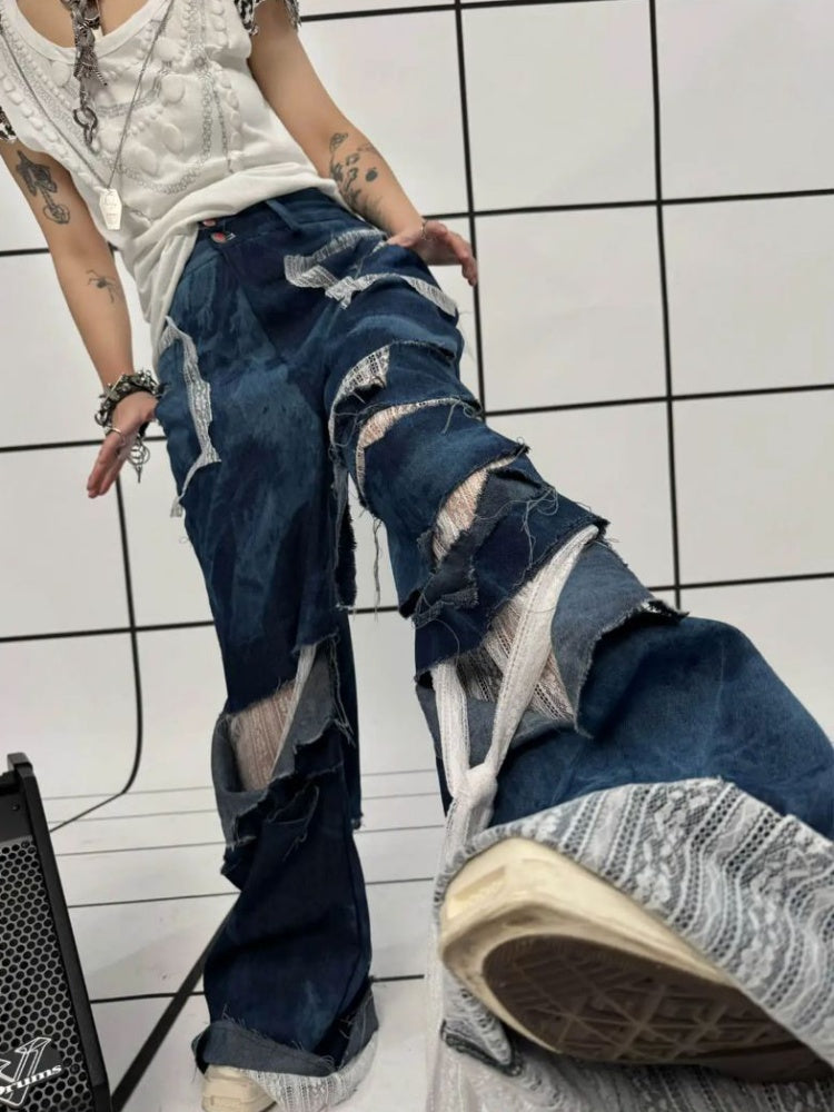 Remake Style Damage Wide Leg Patchwork Denim Pants【s0000011890】